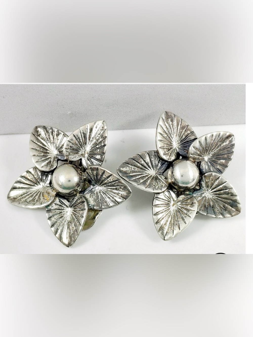 Vintage Danecraft Sterling Silver Floral Clip-On Earrings with Silver Center